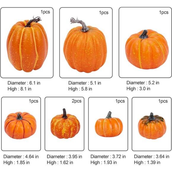 8 Pcs Assorted Sizes Harvest Orange Artificial Pumpkins for Fall Halloween - Picture 5 of 7